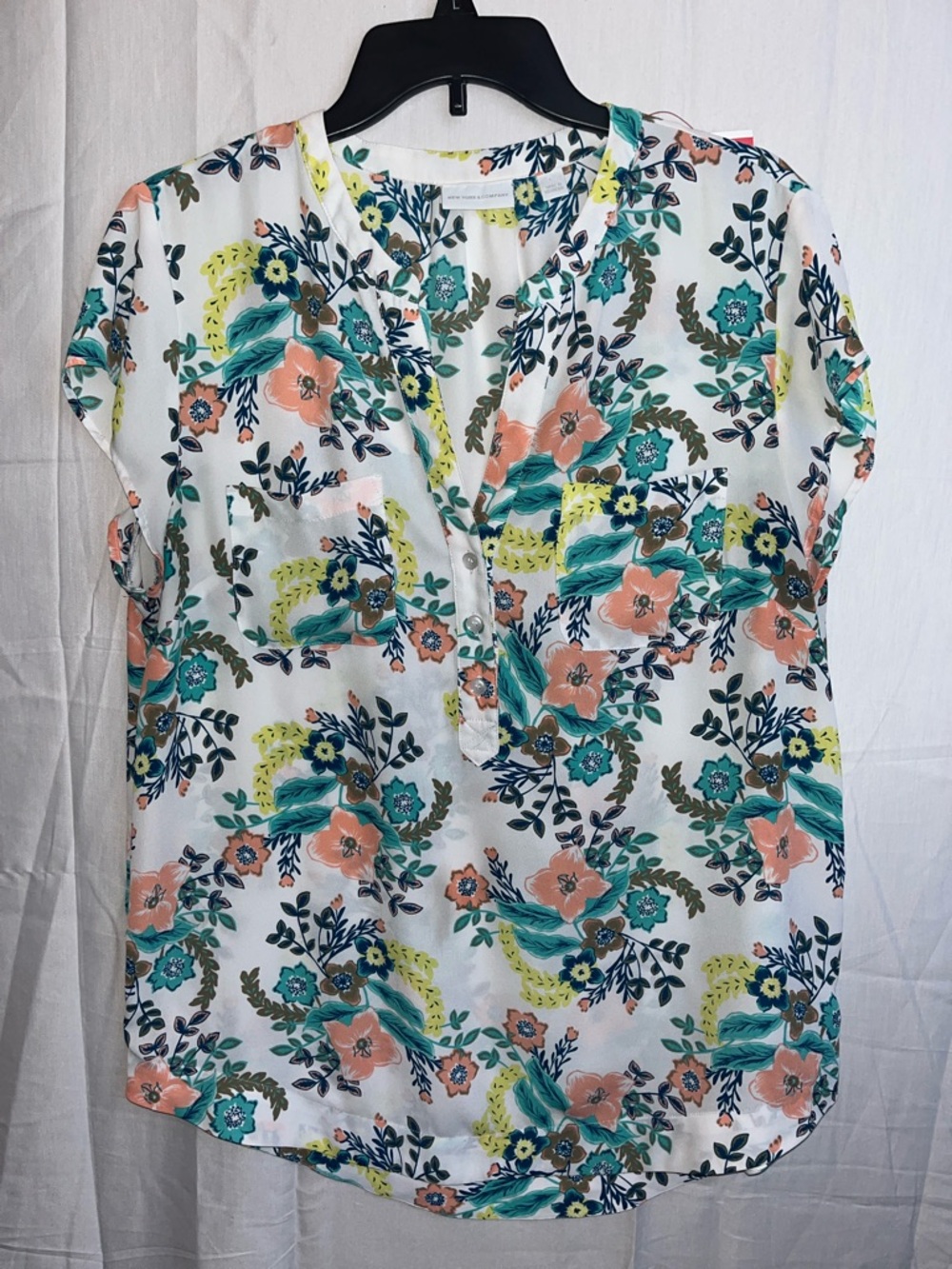 New York & Company White Floral Henley Top with Coral & Teal Accents